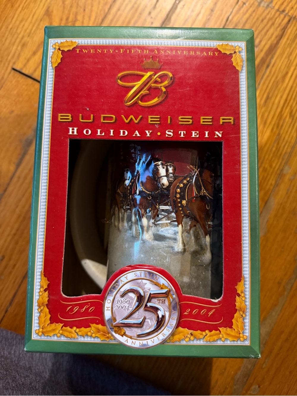 Budweiser Red and Green Holiday Stein with Clydesdales
